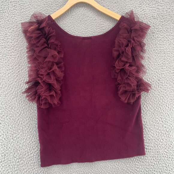 Arula Top Womens A US 14 16 Burgundy Sweater Knit Stretch Tulle Sleeve Cropped - Picture 3 of 9
